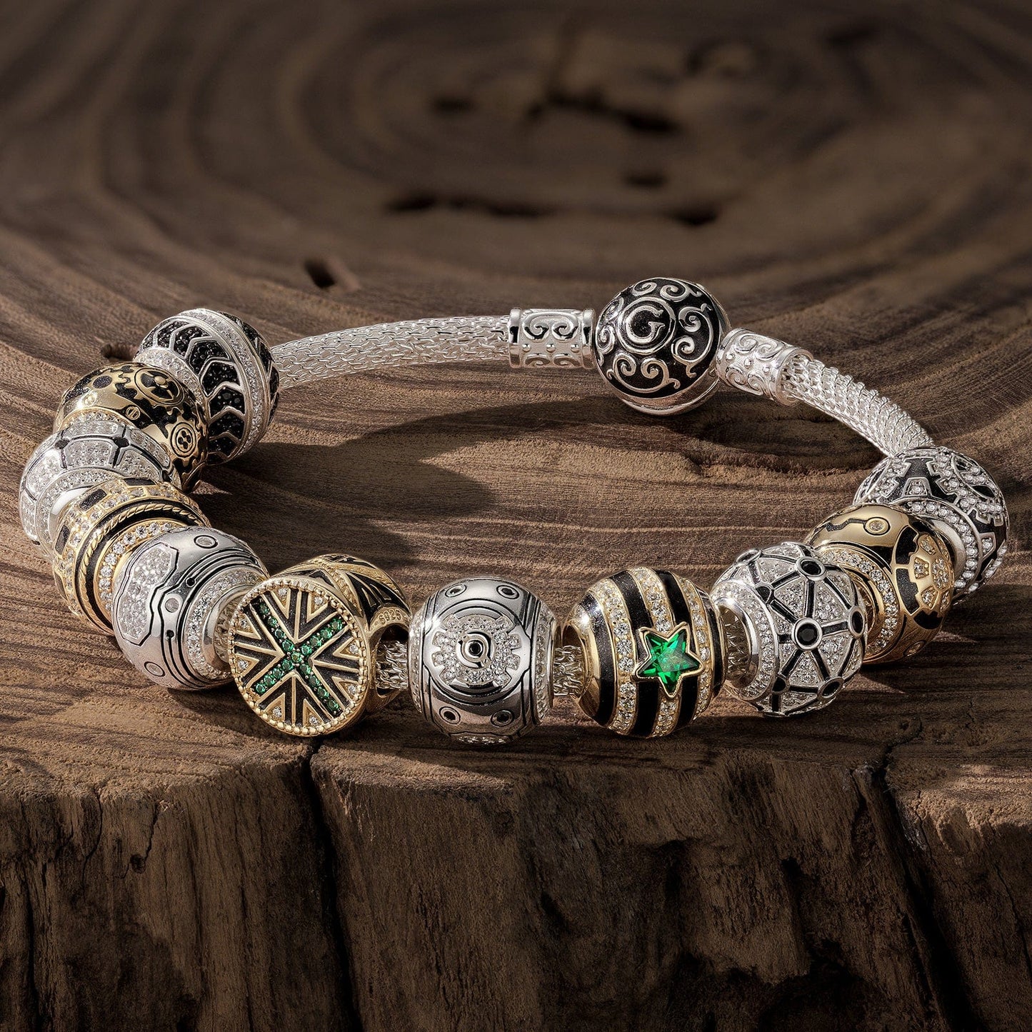 Sterling Silver the Refined Cyber XL Size Charms Bracelet Set With Enamel In White Gold Plated For Men (Includes bracelet and all charms shown)