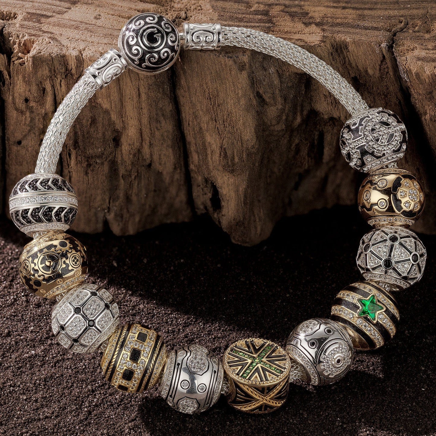 Sterling Silver the Refined Cyber XL Size Charms Bracelet Set With Enamel In White Gold Plated For Men (Includes bracelet and all charms shown)
