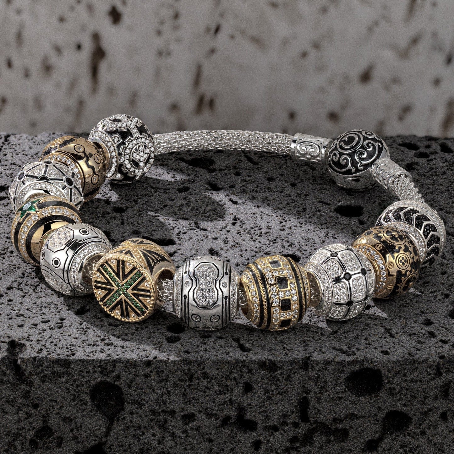 Sterling Silver the Refined Cyber XL Size Charms Bracelet Set With Enamel In White Gold Plated For Men (Includes bracelet and all charms shown)
