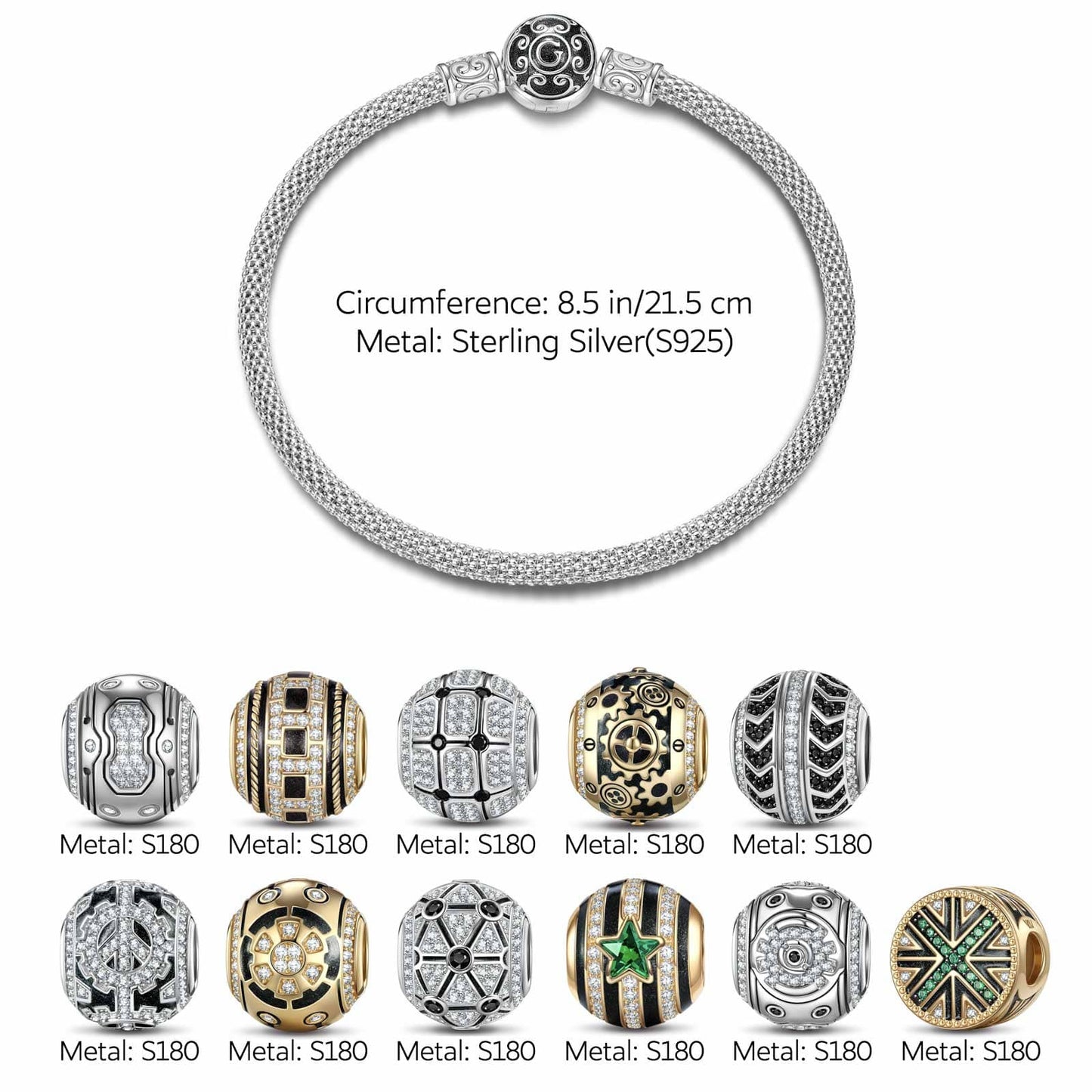 Sterling Silver the Refined Cyber XL Size Charms Bracelet Set With Enamel In White Gold Plated For Men (Includes bracelet and all charms shown)