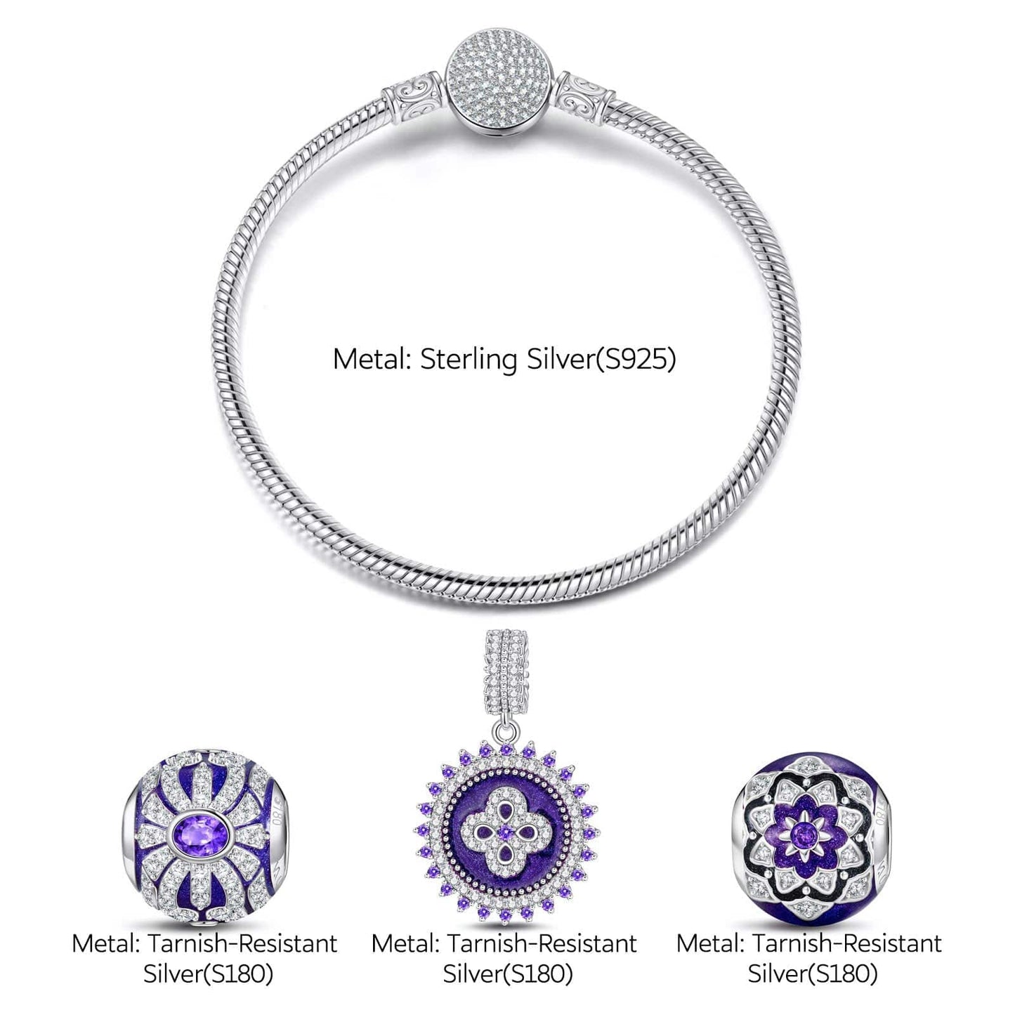 Sterling Silver Flowers in Full Bloom Charms Bracelet Set With Enamel In White Gold Plated (Includes bracelet and all charms shown)