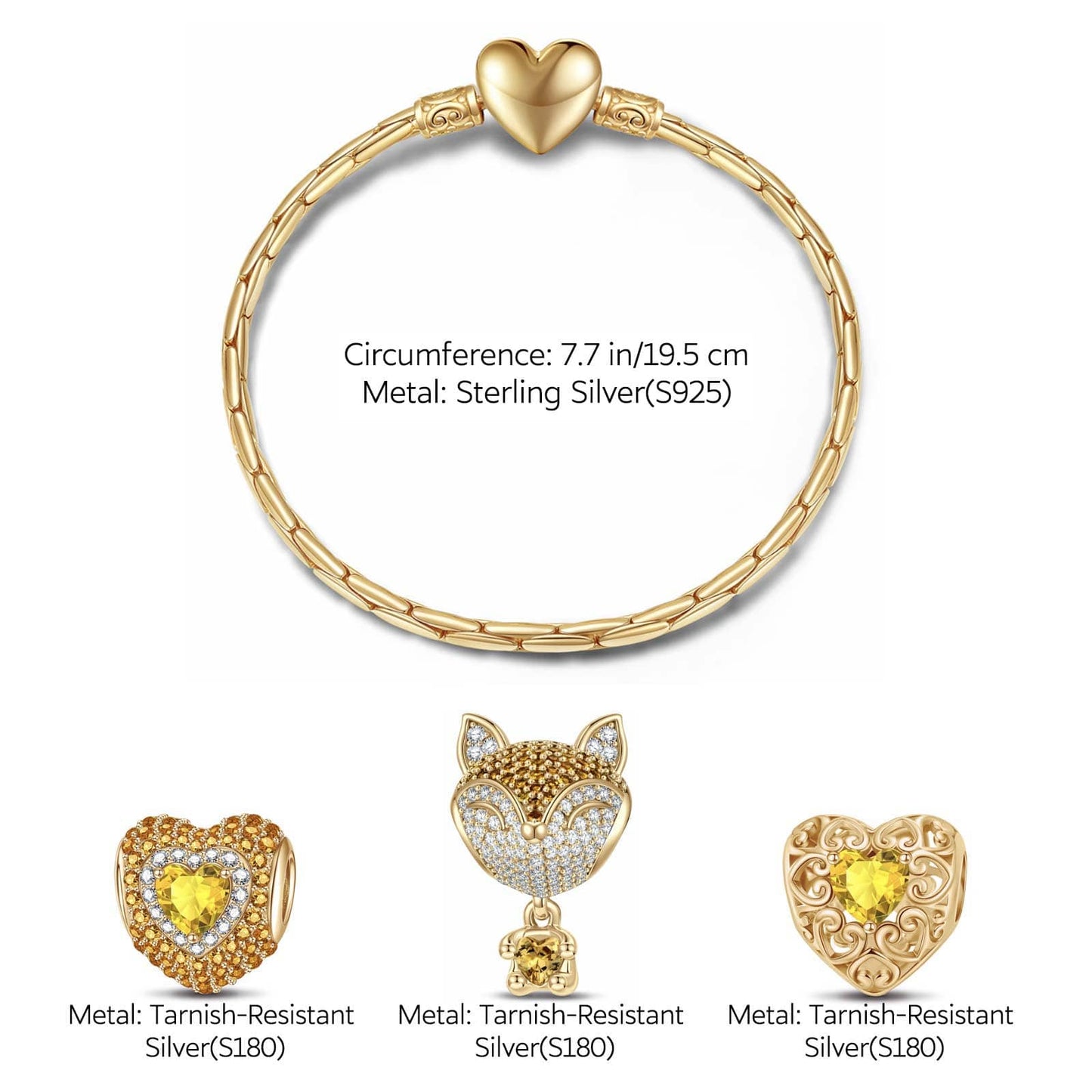 Sterling Silver November Birthstone Embrace the Love Animals Charms Bracelet Set In 14K Gold Plated - Heartful Hugs Collection (Includes bracelet and all charms shown)