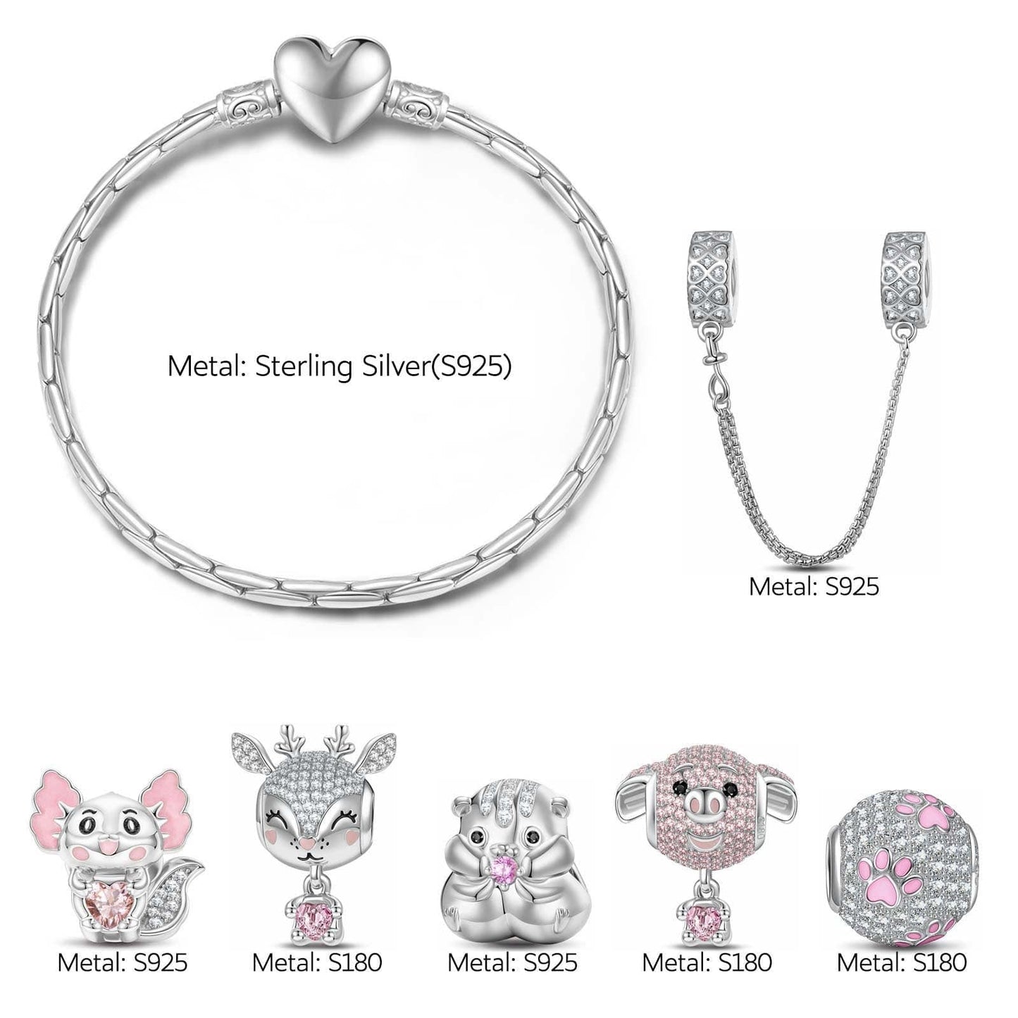Sterling Silver Fancy Pink Animals Charms Bracelet Set With Enamel In White Gold Plated - Heartful Hugs Collection (Includes bracelet and all charms shown)