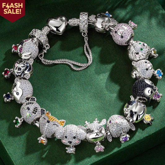 gona- Sterling Silver Love You Baby Animals Charms Bracelet Set With Enamel In White Gold Plated - Heartful Hugs Collection (Includes bracelet and all charms shown)