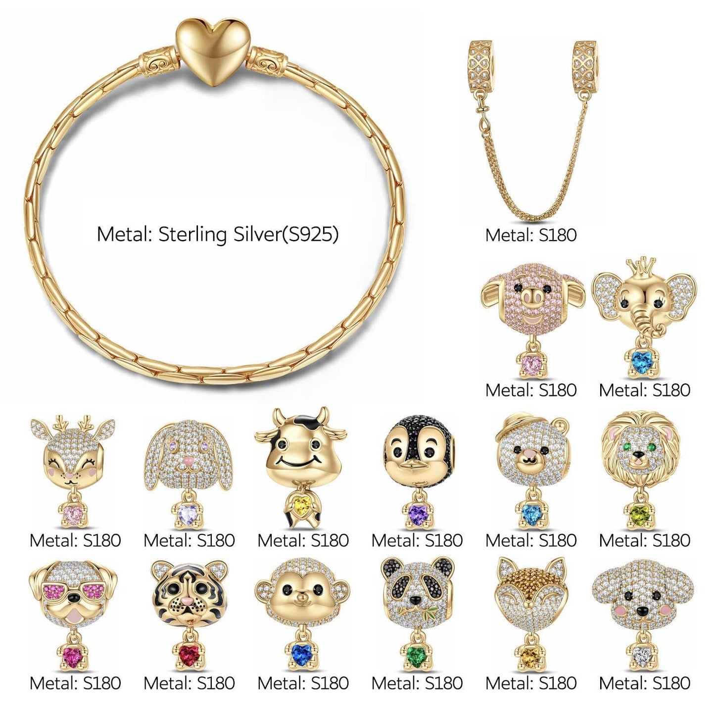 Sterling Silver Love You Baby Animals Charms Bracelet Set With Enamel In 14K Gold Plated - Heartful Hugs Collection (Includes bracelet and all charms shown)
