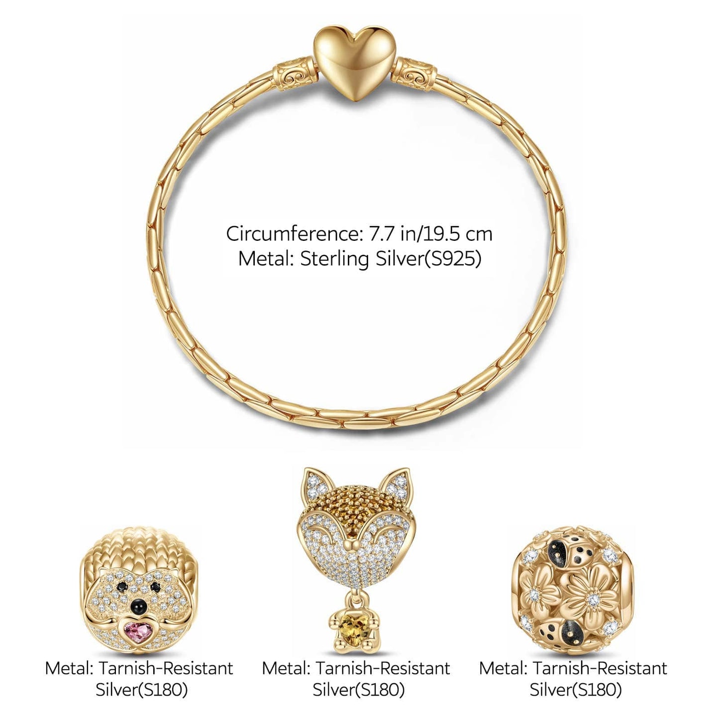 Sterling Silver Little Fox and Hedgehog Animals Charms Bracelet Set In 14K Gold Plated - Heartful Hugs Collection (Includes bracelet and all charms shown)