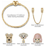 Sterling Silver Enchanting Puppy Bliss Animals Charms Bracelet Set In 14K Gold Plated - Heartful Hugs Collection (Includes bracelet and all charms shown)