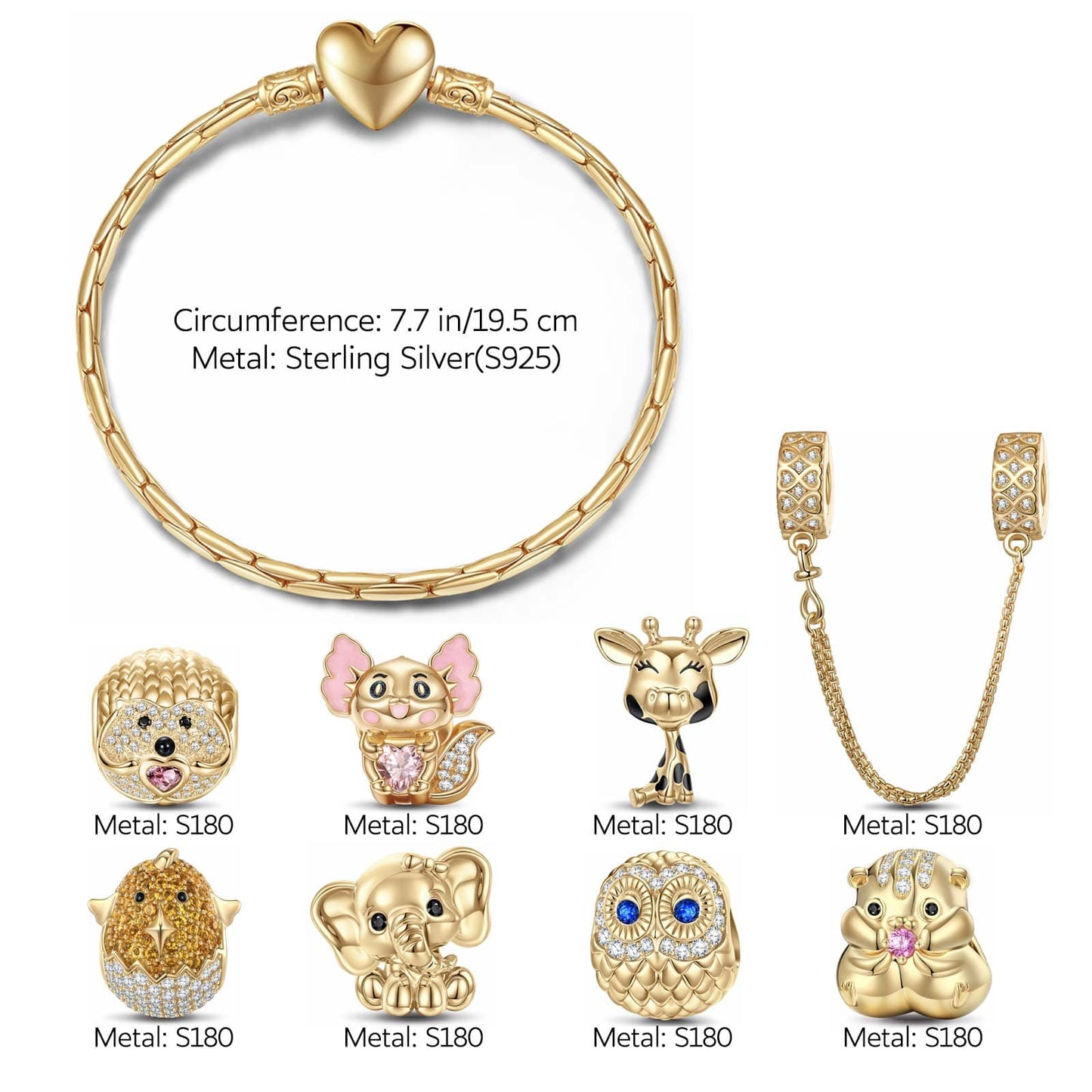 Sterling Silver Innocent Childhood Joy Animals Charms Bracelet Set With Enamel In 14K Gold Plated (Includes bracelet and all charms shown)