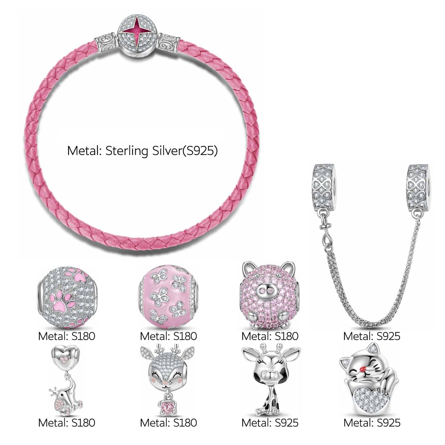 Sterling Silver My Lucky Treasures Animals Charms Bracelet Set With Enamel In White Gold Plated (Includes bracelet and all charms shown)