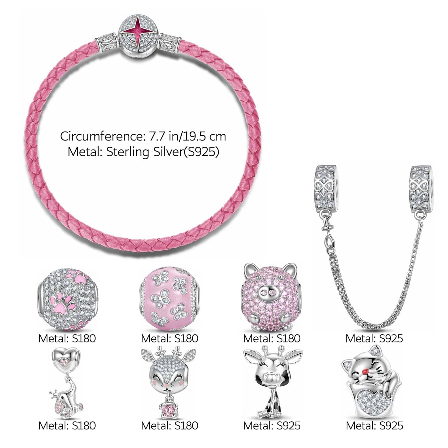 Sterling Silver My Lucky Treasures Animals Charms Bracelet Set With Enamel In White Gold Plated (Includes bracelet and all charms shown)