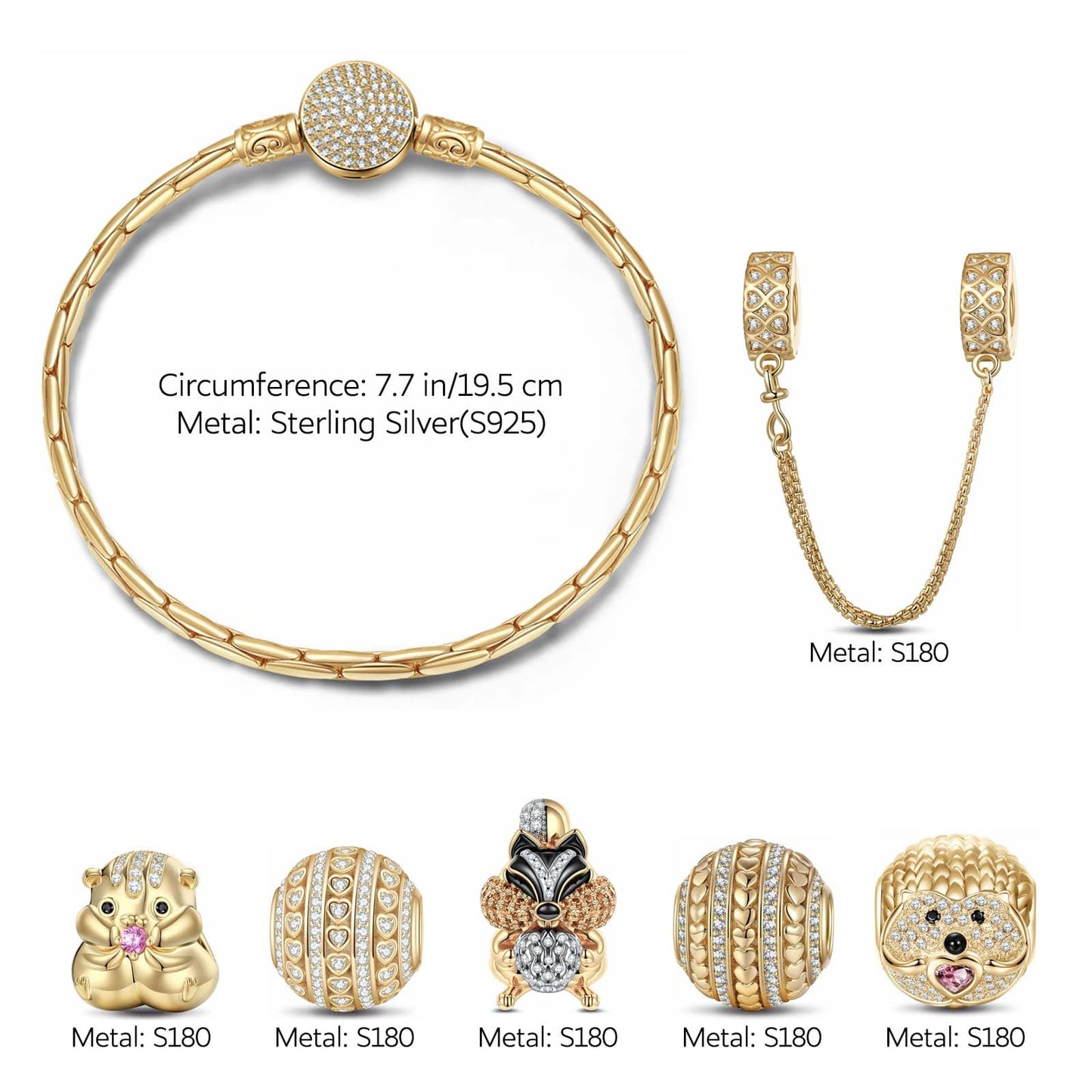 Sterling Silver Adorable Critter Animals Charms Bracelet Set With Enamel In 14K Gold Plated (Includes bracelet and all charms shown)