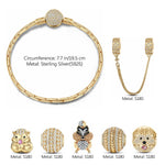 Sterling Silver Adorable Critter Animals Charms Bracelet Set With Enamel In 14K Gold Plated (Includes bracelet and all charms shown)