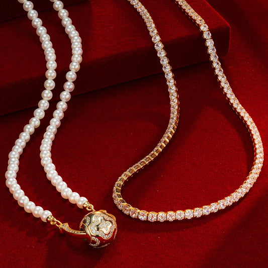 gon- Sterling Silver Layered Necklaces Set: Tennis Chain Necklace and Pearl Necklace with the Golden Luck Charm Necklace Set In 14K Gold Plated