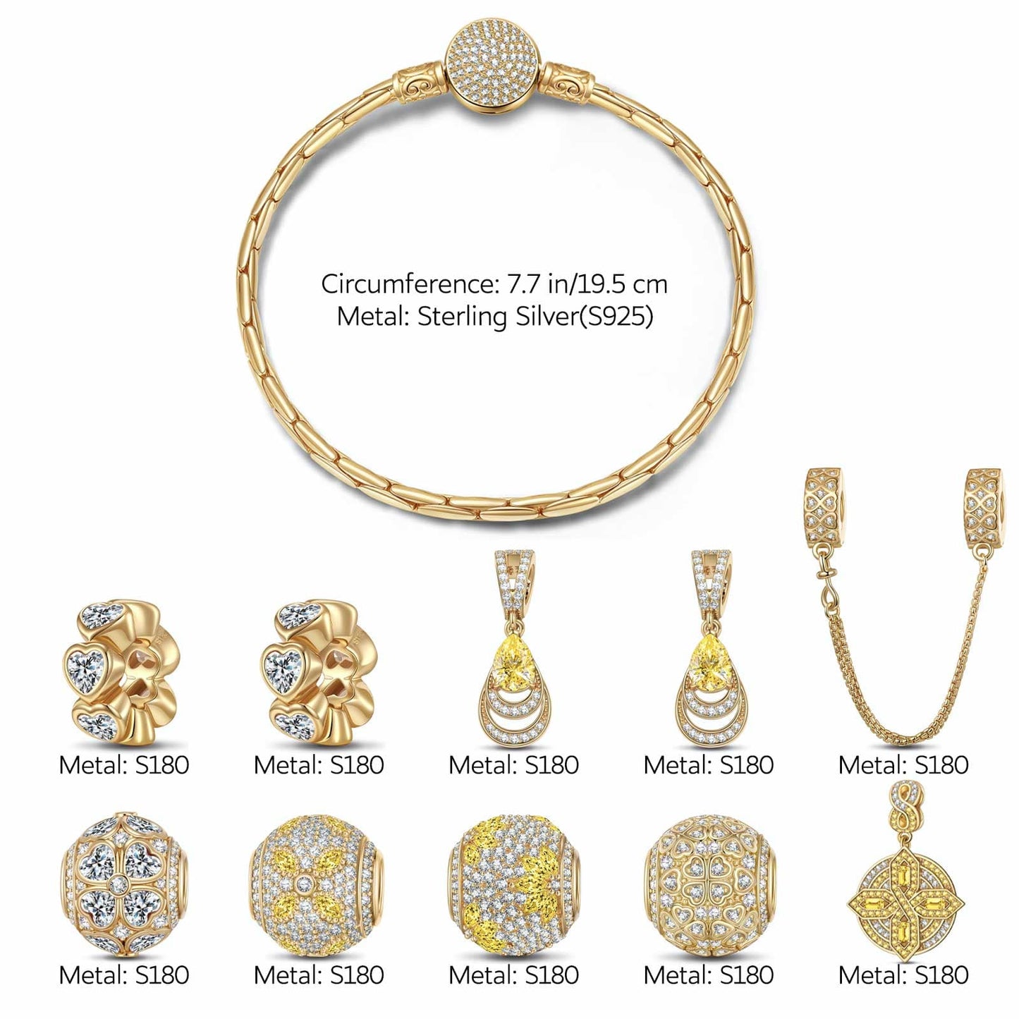 Sterling Silver Artistic Horizon Charms Bracelet Set In 14K Gold Plated (Includes bracelet and all charms shown)
