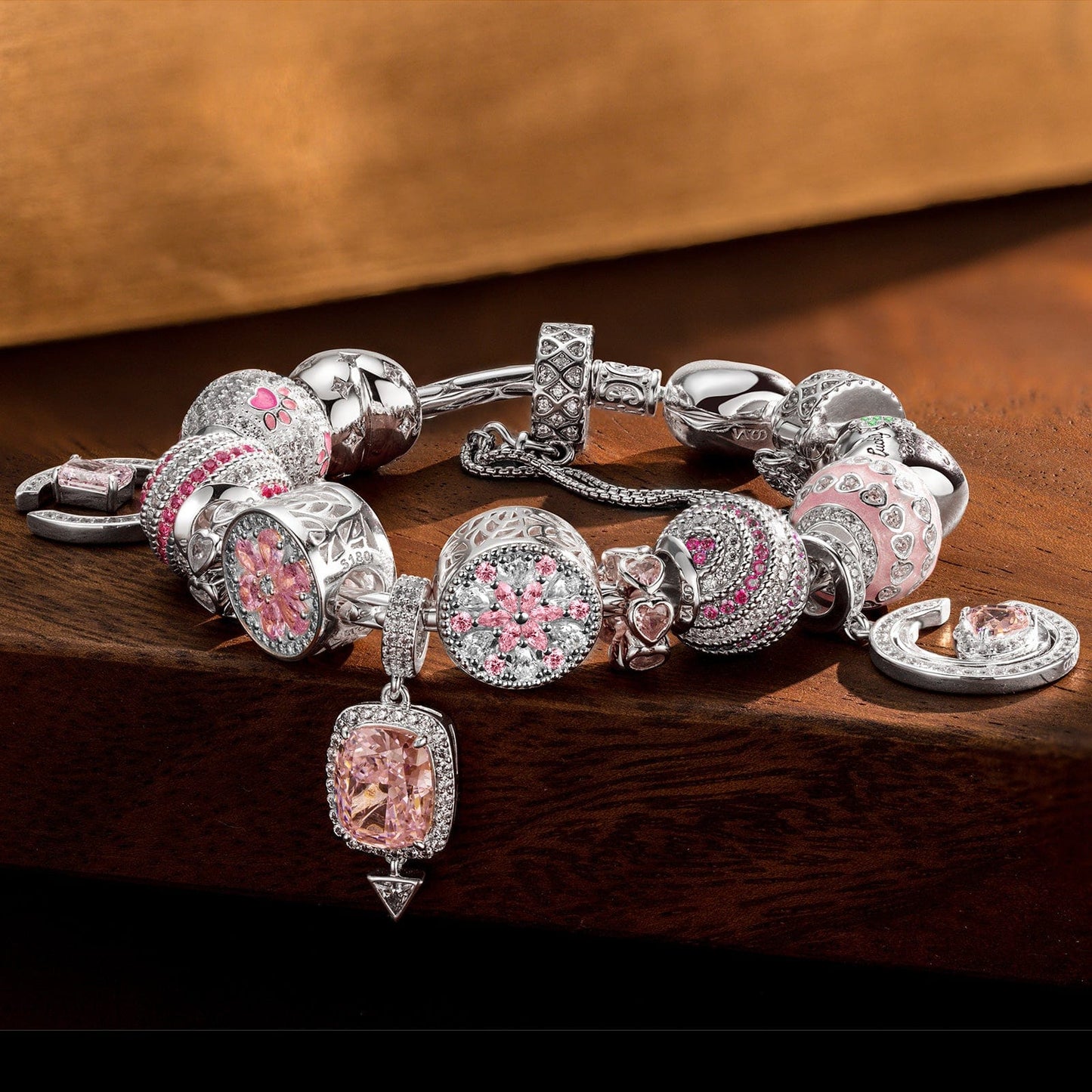 Sterling Silver Riverside Romance Charms Bracelet Set With Enamel In White Gold Plated (Includes bracelet and all charms shown)