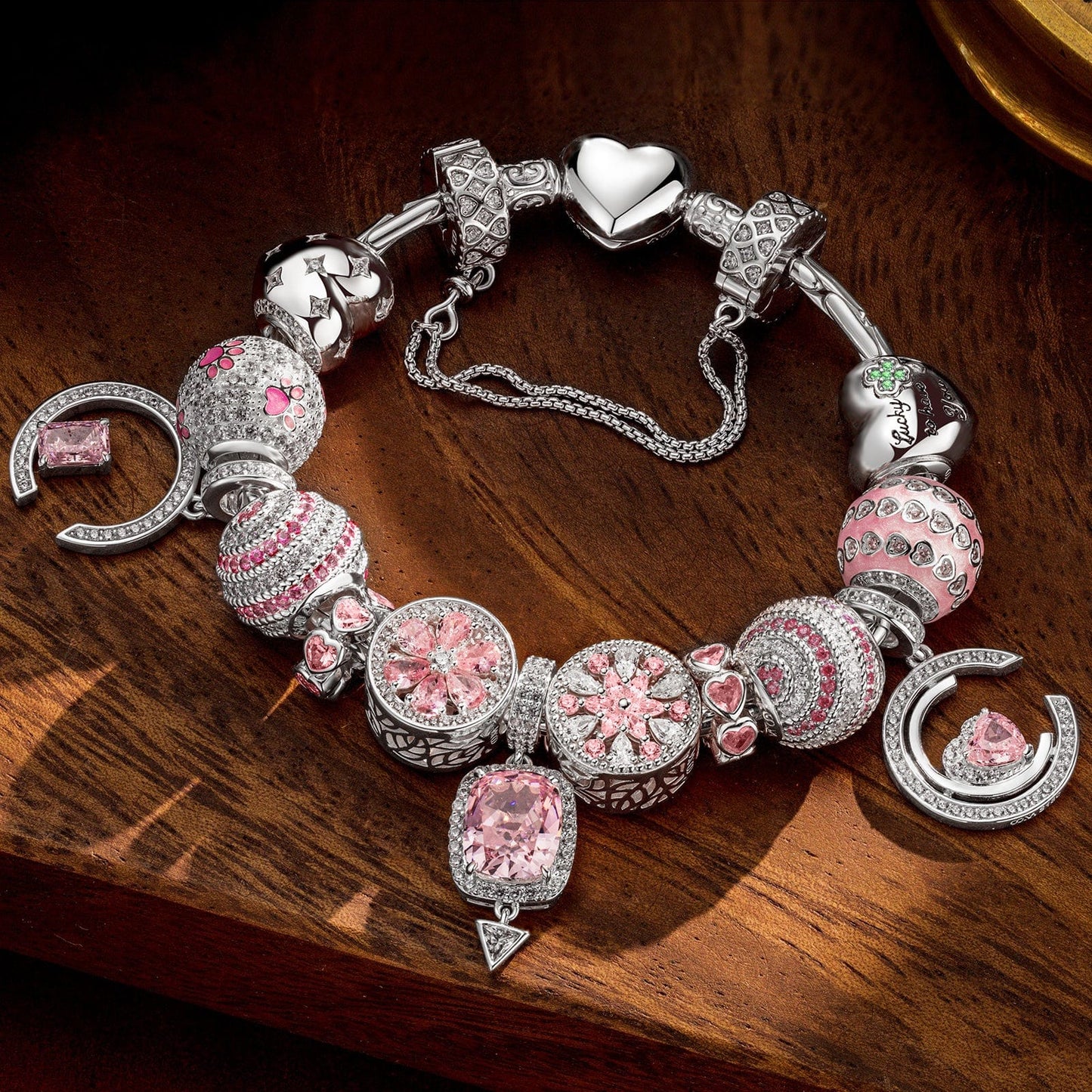 Sterling Silver Riverside Romance Charms Bracelet Set With Enamel In White Gold Plated (Includes bracelet and all charms shown)