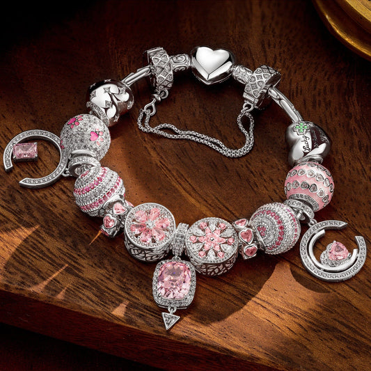 gon- Sterling Silver Riverside Romance Charms Bracelet Set With Enamel In White Gold Plated (Includes bracelet and all charms shown)