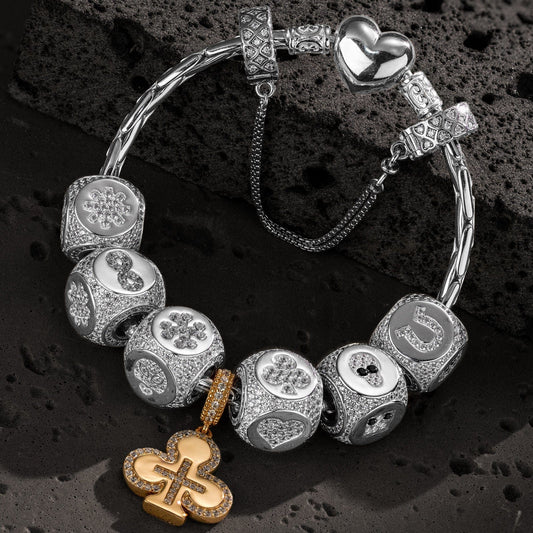 gona- Sterling Silver Cross of Destiny Charms Bracelet Set In White Gold Plated (Includes bracelet and all charms shown)