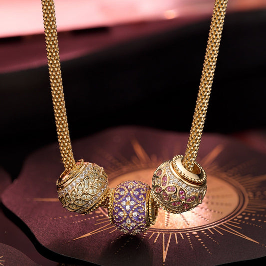 gona- Sterling Silver Luxuriant Growth Charms Necklace Set With Enamel In 14K Gold Plated