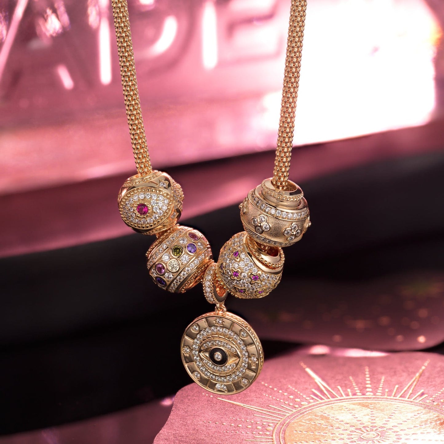 Sterling Silver Luck and Protection Charms Necklace Set In 14K Gold Plated