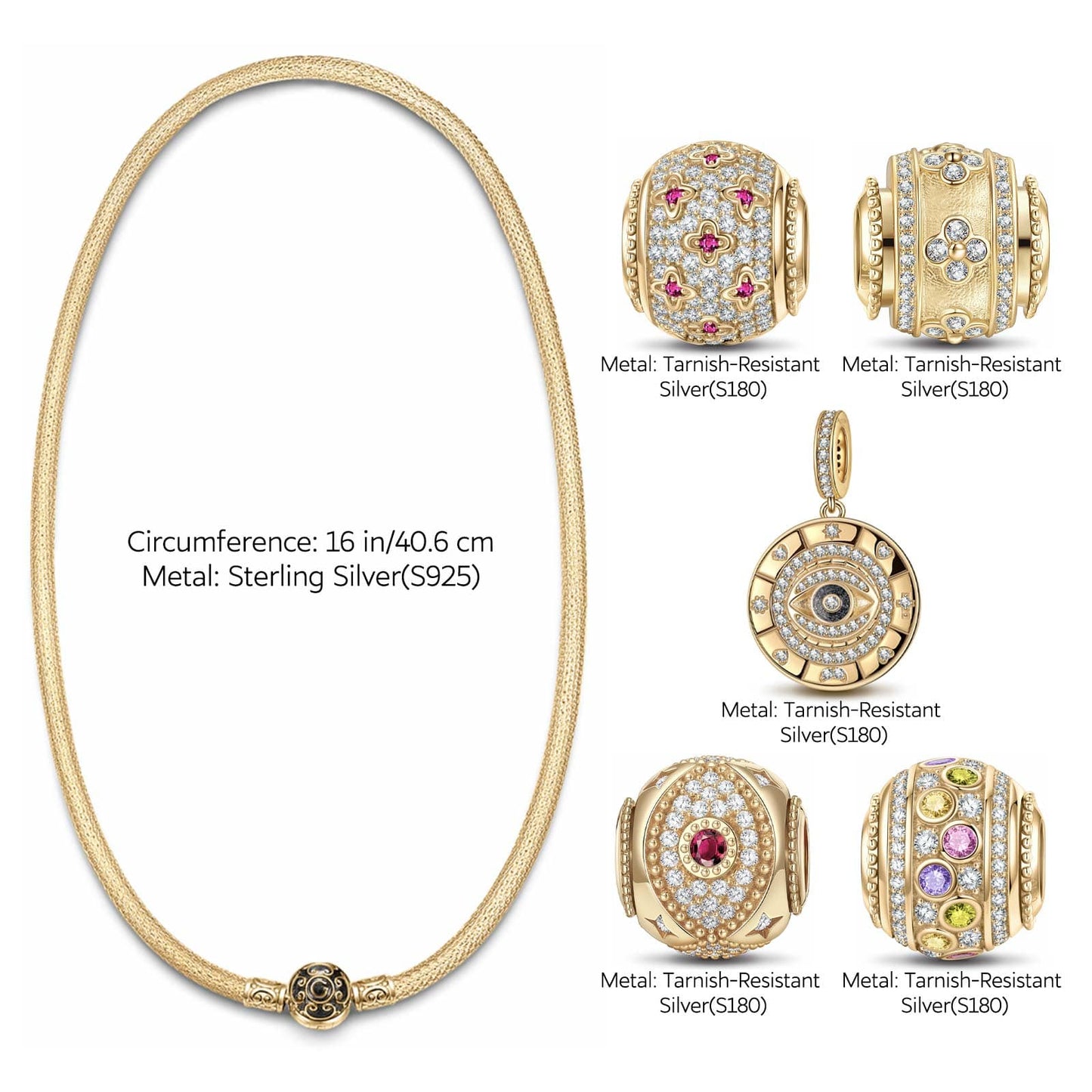 Sterling Silver Luck and Protection Charms Necklace Set In 14K Gold Plated