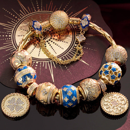 gona- Sterling Silver Lucky Stardust Charms Bracelet Set With Enamel In 14K Gold Plated (Includes bracelet and all charms shown)