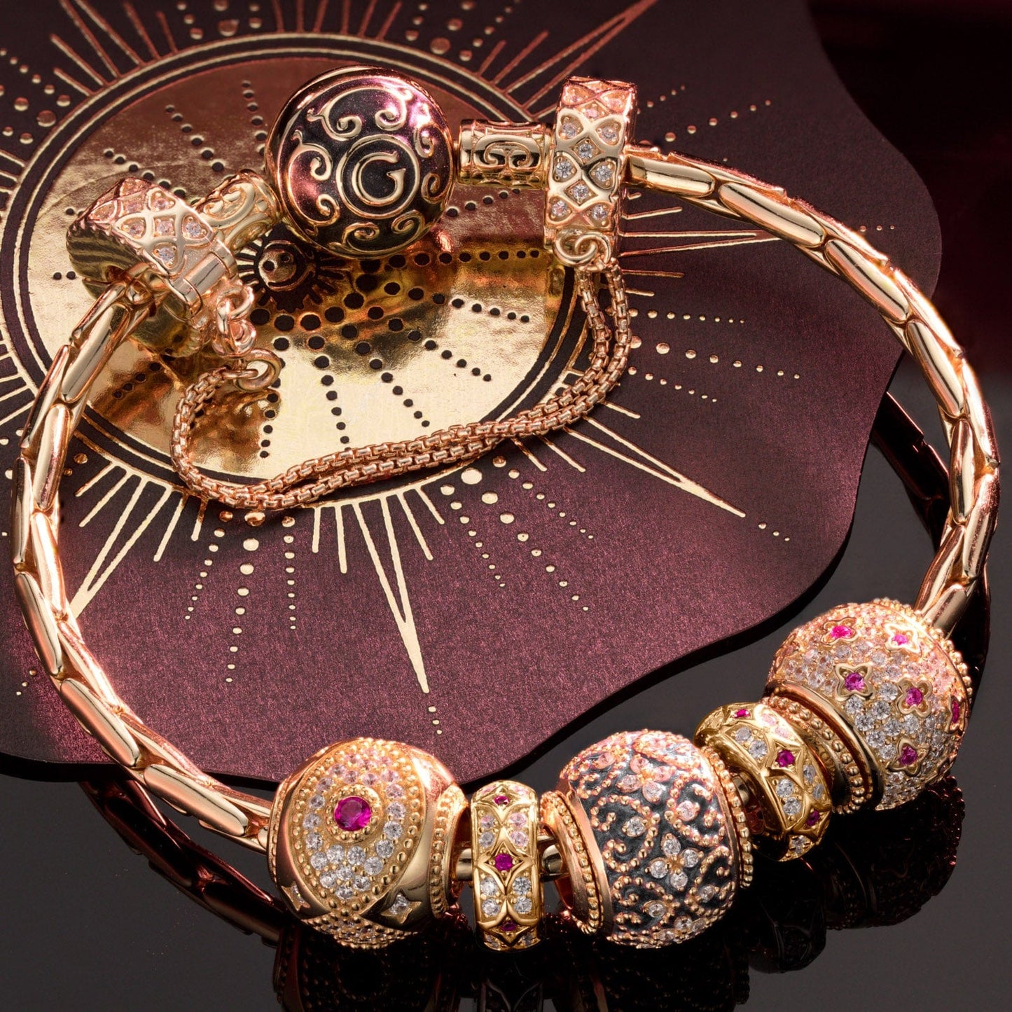 Sterling Silver Starry Blossoms Charms Bracelet Set With Enamel In 14K Gold Plated (Includes bracelet and all charms shown)