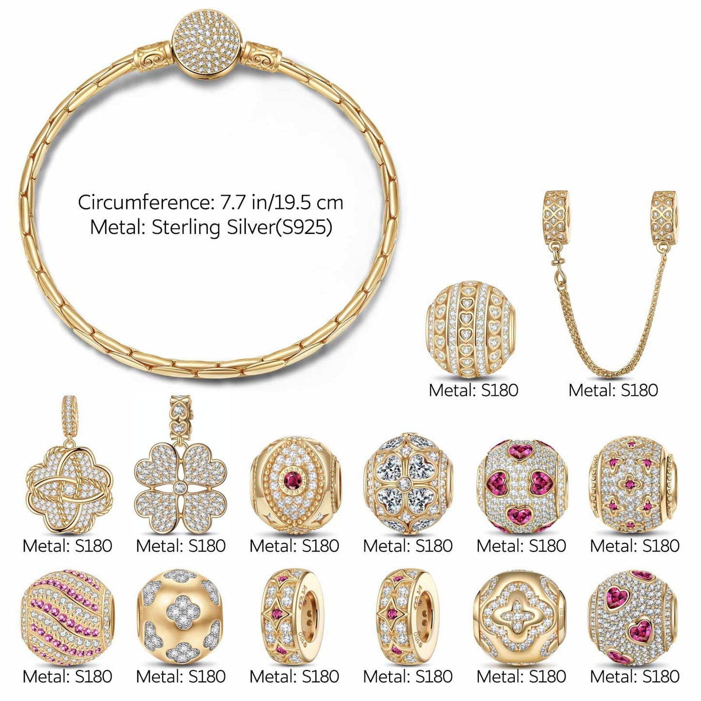 Sterling Silver Heart's Desire Charms Bracelet Set In 14K Gold Plated (Includes bracelet and all charms shown)