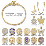Shimmering Butterfly Sterling Silver Charms Bracelet Set With Enamel In 14K Gold Plated (Includes bracelet and all charms shown)