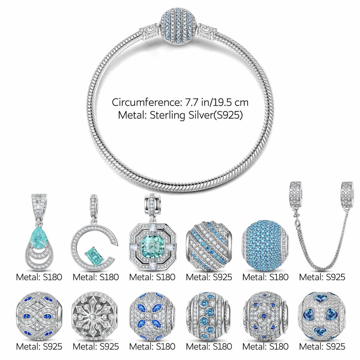 Sterling Silver Art Gallery Stroll Charms Bracelet Set In White Gold Plated (Includes bracelet and all charms shown)
