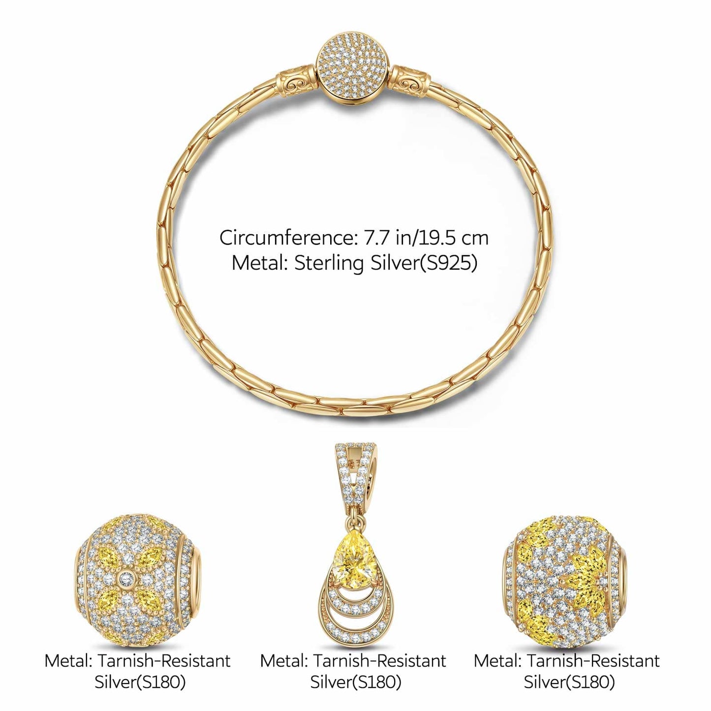 Sterling Silver Opulent Grace Charms Bracelet Set In 14K Gold Plated (Includes bracelet and all charms shown)