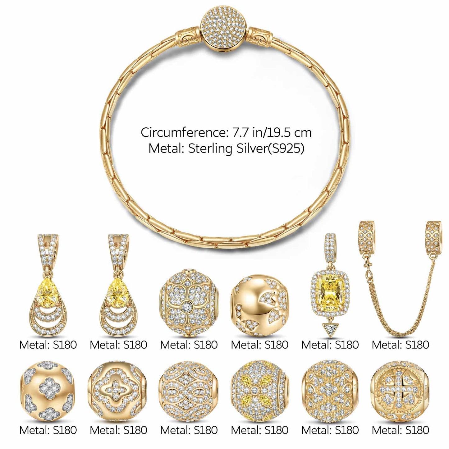 Sterling Silver Clover's Golden Glow Charms Bracelet Set In 14K Gold Plated (Includes bracelet and all charms shown)