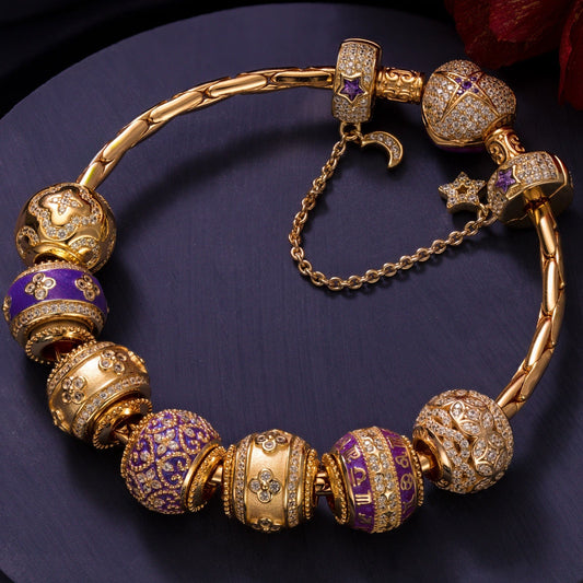gona- Sterling Silver Purple Petals of Destiny Charms Bracelet Set With Enamel In 14K Gold Plated (Includes bracelet and all charms shown)