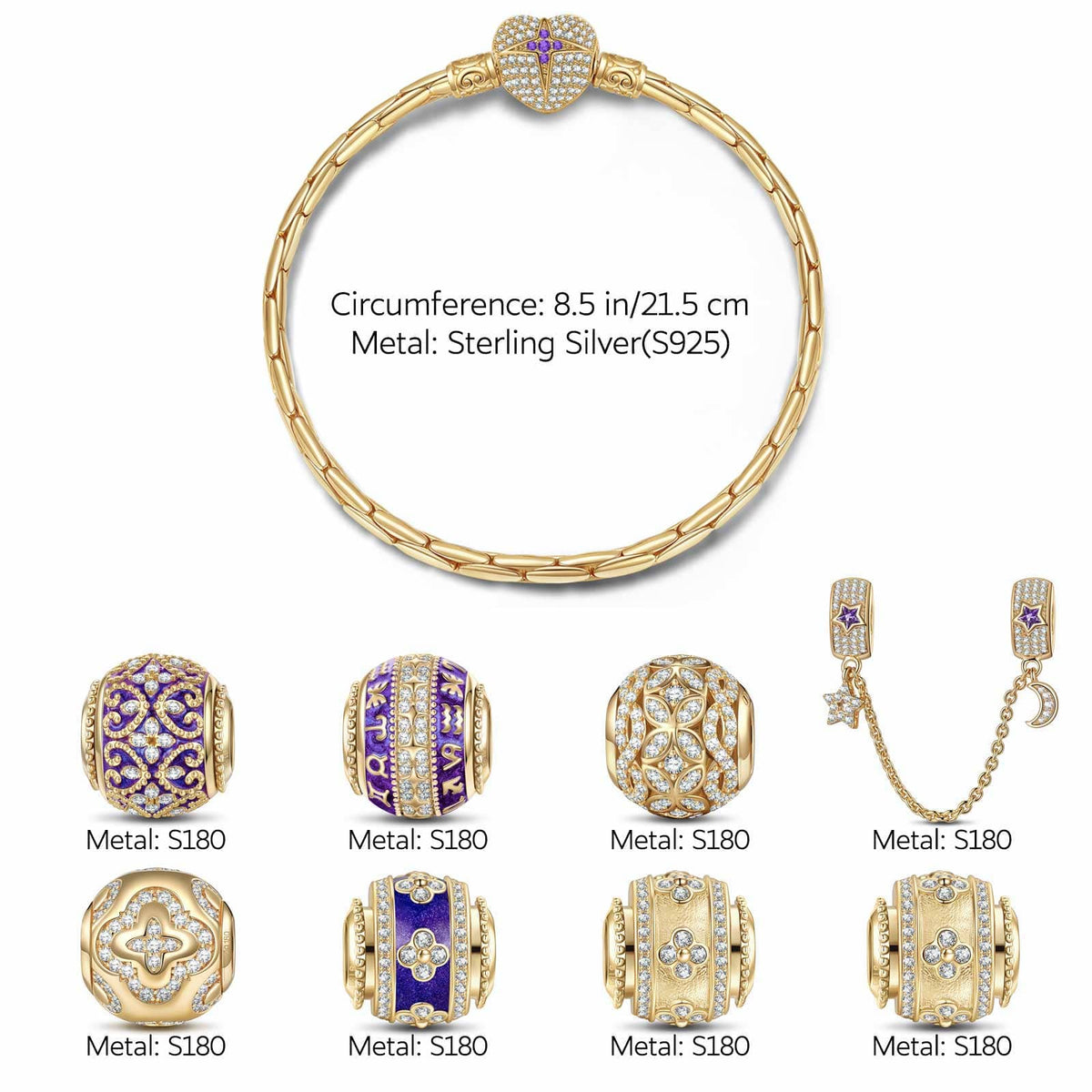 Sterling Silver Purple Petals of Destiny Charms Bracelet Set With Enamel In 14K Gold Plated (Includes bracelet and all charms shown)