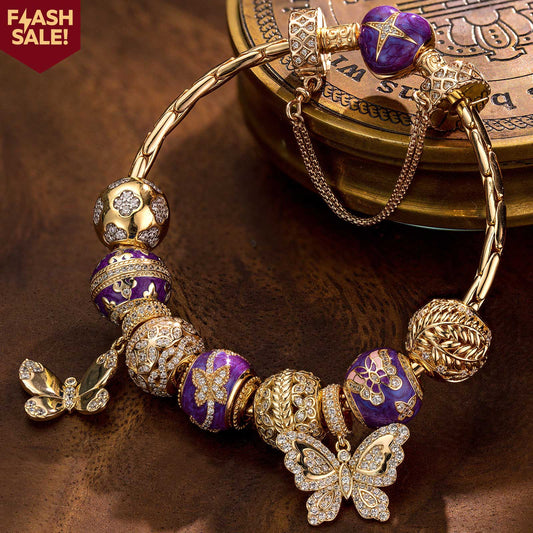 gona- Sterling Silver Whispered Wishes Butterfly Charms Bracelet Set With Enamel In 14K Gold Plated (Includes bracelet and all charms shown)