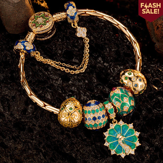 gona- Sterling Silver Brilliance in Blue-Green Charms Bracelet Set With Enamel In 14K Gold Plated (Includes bracelet and all charms shown)