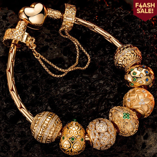 gona- Sterling Silver Golden Birth Charms Bracelet Set In 14K Gold Plated (Includes bracelet and all charms shown)