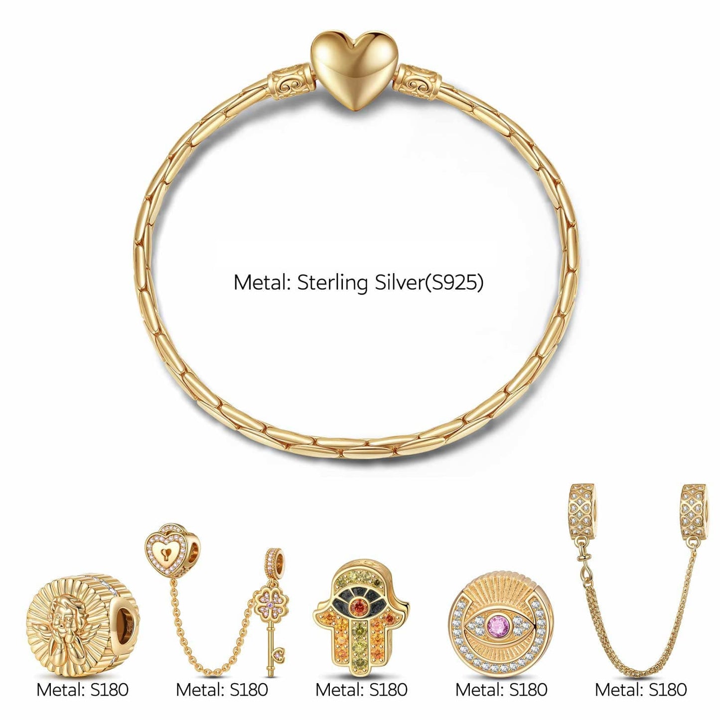 Sterling Silver Lucky Hamsa Charms Bracelet Set With Enamel In 14K Gold Plated (Includes bracelet and all charms shown)