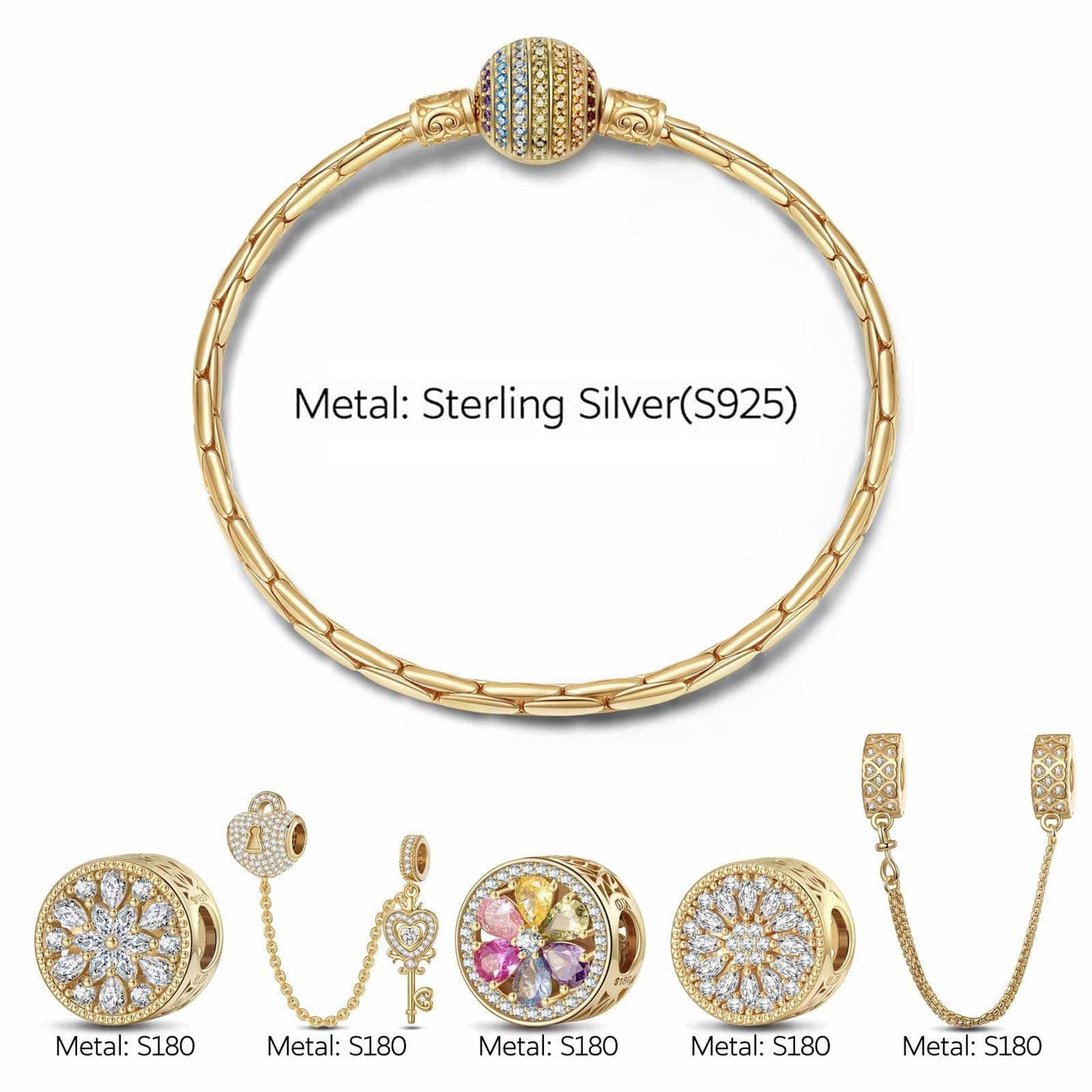 Sterling Silver Unlock the Color Bloom Charms Bracelet Set In 14K Gold Plated (Includes bracelet and all charms shown)