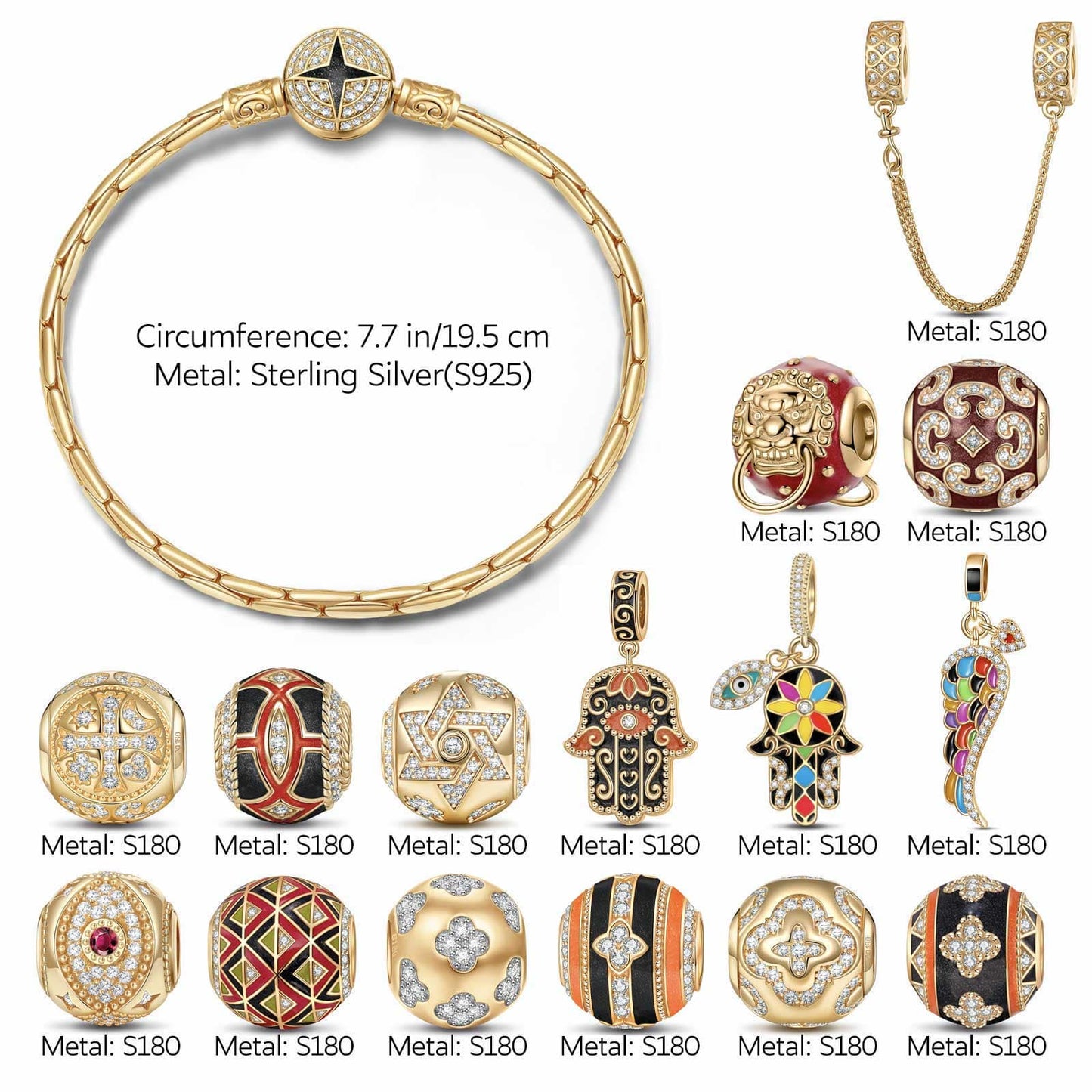 Sterling Silver Easter Blooming Charms Bracelet Set With Enamel In 14K Gold Plated (Includes bracelet and all charms shown)