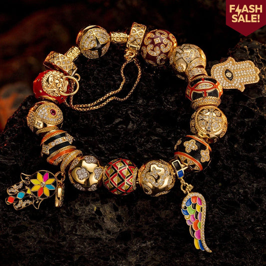 gona- Sterling Silver Easter Blooming Charms Bracelet Set With Enamel In 14K Gold Plated (Includes bracelet and all charms shown)