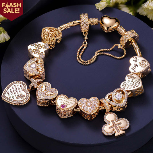 gona- Sterling Silver Eternal Love and Guardian Charms Bracelet Set In 14K Gold Plated (Includes bracelet and all charms shown)