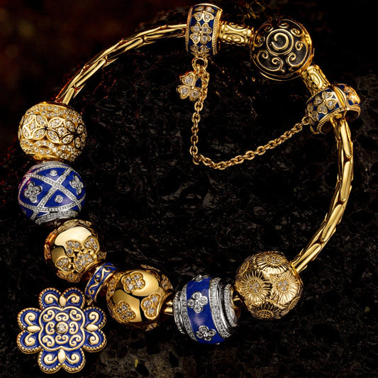 gona- Sterling Silver Easter Deco Charms Bracelet Set With Enamel, Featuring Dual Plating in 14K Gold and White Gold (Includes bracelet and all charms shown)