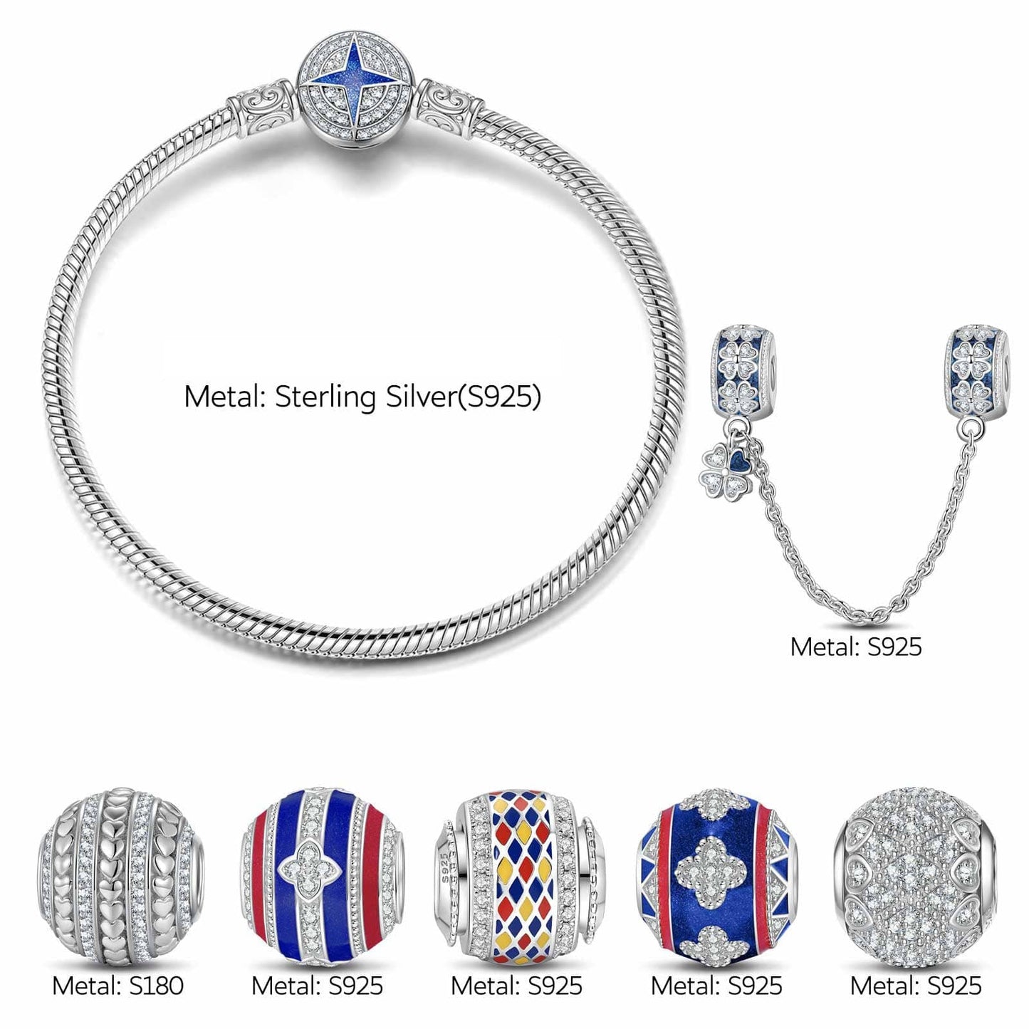 Sterling Silver Rotating Good Fortune Charms Bracelet Set With Enamel In White Gold Plated (Includes bracelet and all charms shown)