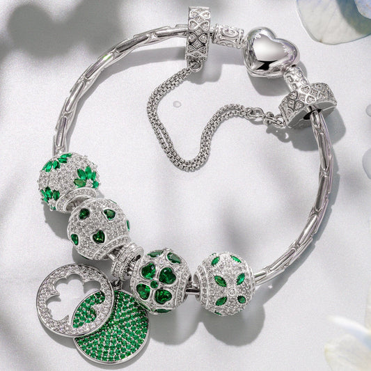 gona- Sterling Silver Verdant Clover Treasures Charms Bracelet Set In White Gold Plated (Includes bracelet and all charms shown)