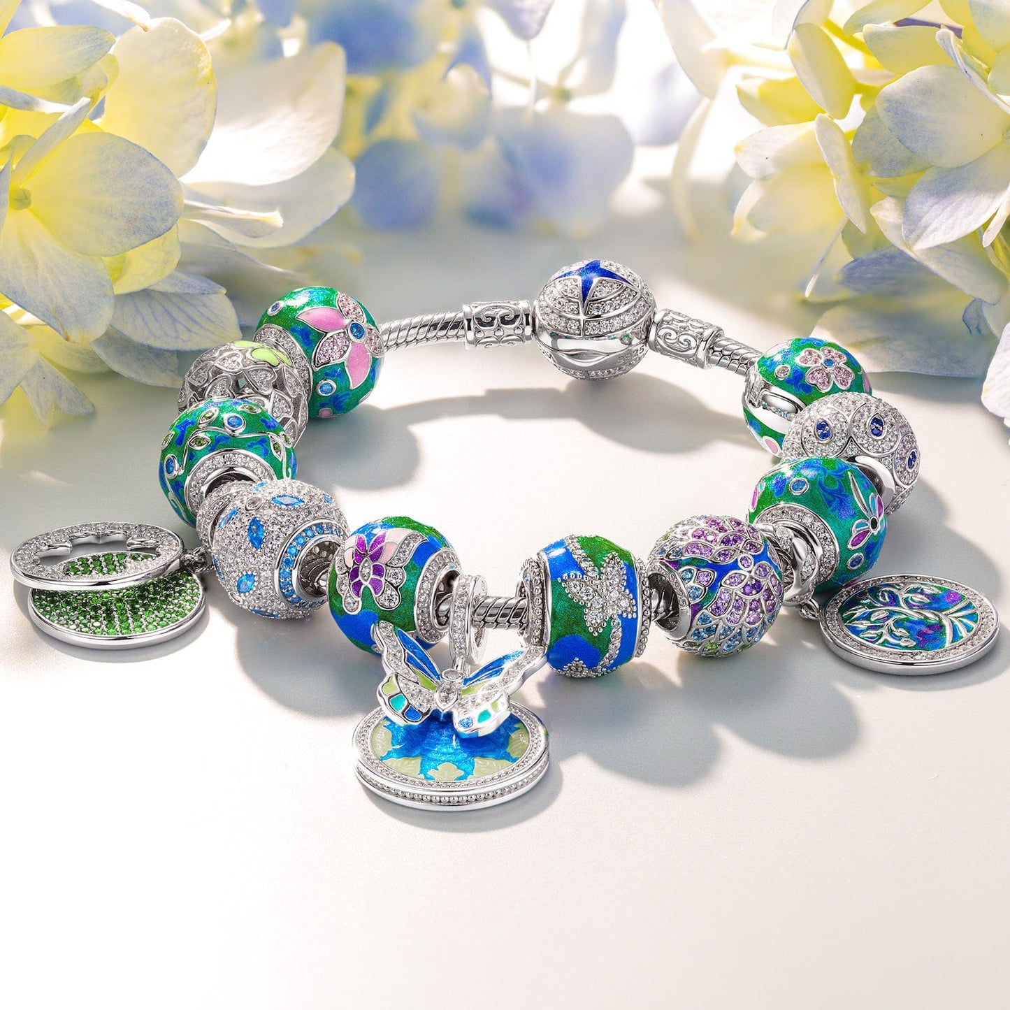 Sterling Silver Emerald Dreamscape Charms Bracelet Set With Enamel In White Gold Plated (Includes bracelet and all charms shown)