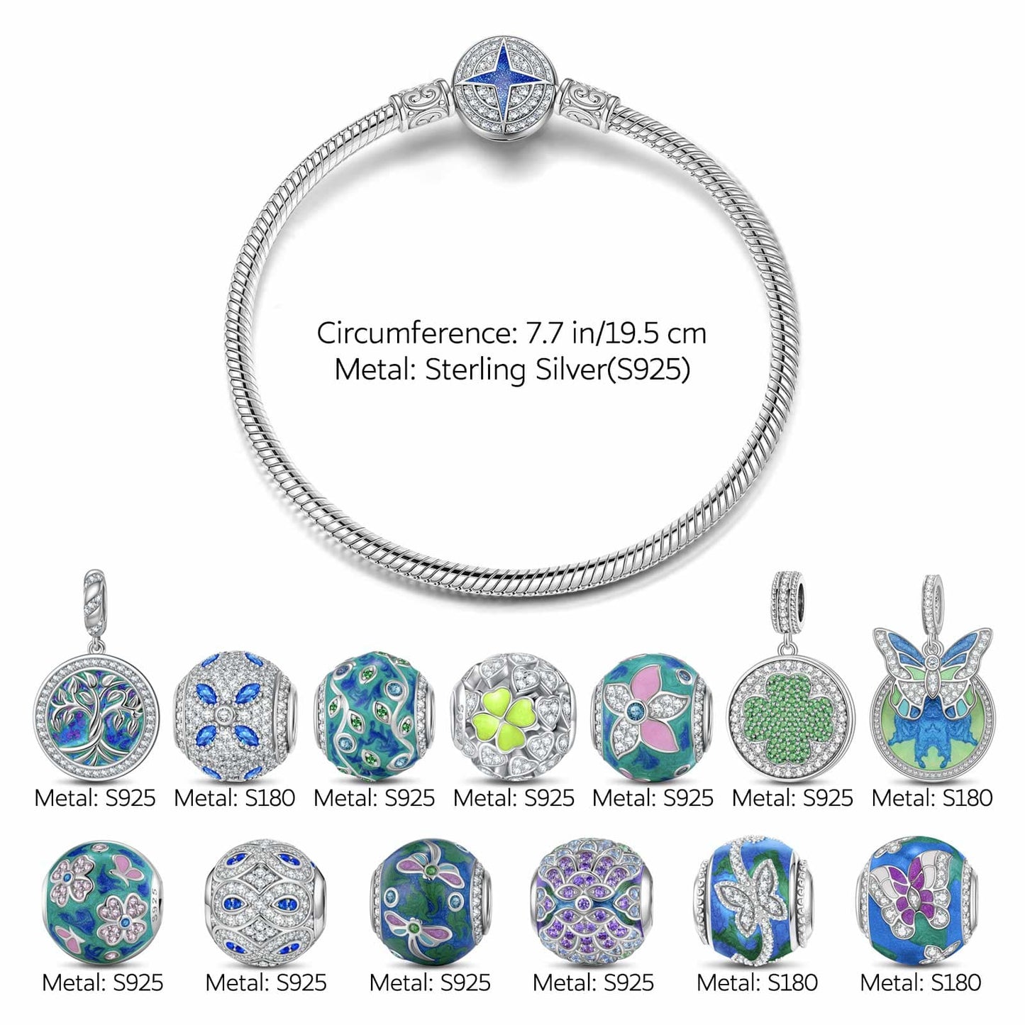 Sterling Silver Emerald Dreamscape Charms Bracelet Set With Enamel In White Gold Plated (Includes bracelet and all charms shown)
