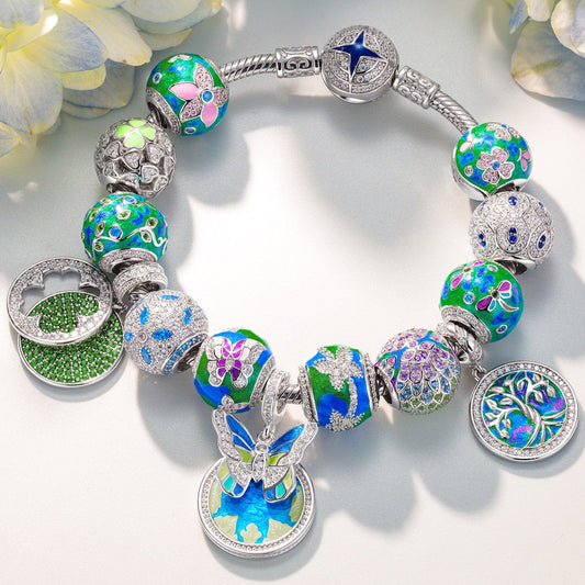 gona- Sterling Silver Emerald Dreamscape Charms Bracelet Set With Enamel In White Gold Plated (Includes bracelet and all charms shown)