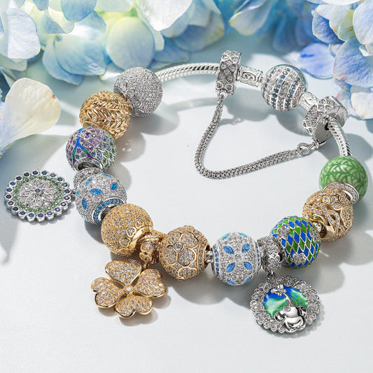 gona- Sterling Silver Springtime Elegance Charms Bracelet Set With Enamel In White Gold Plated (Includes bracelet and all charms shown)
