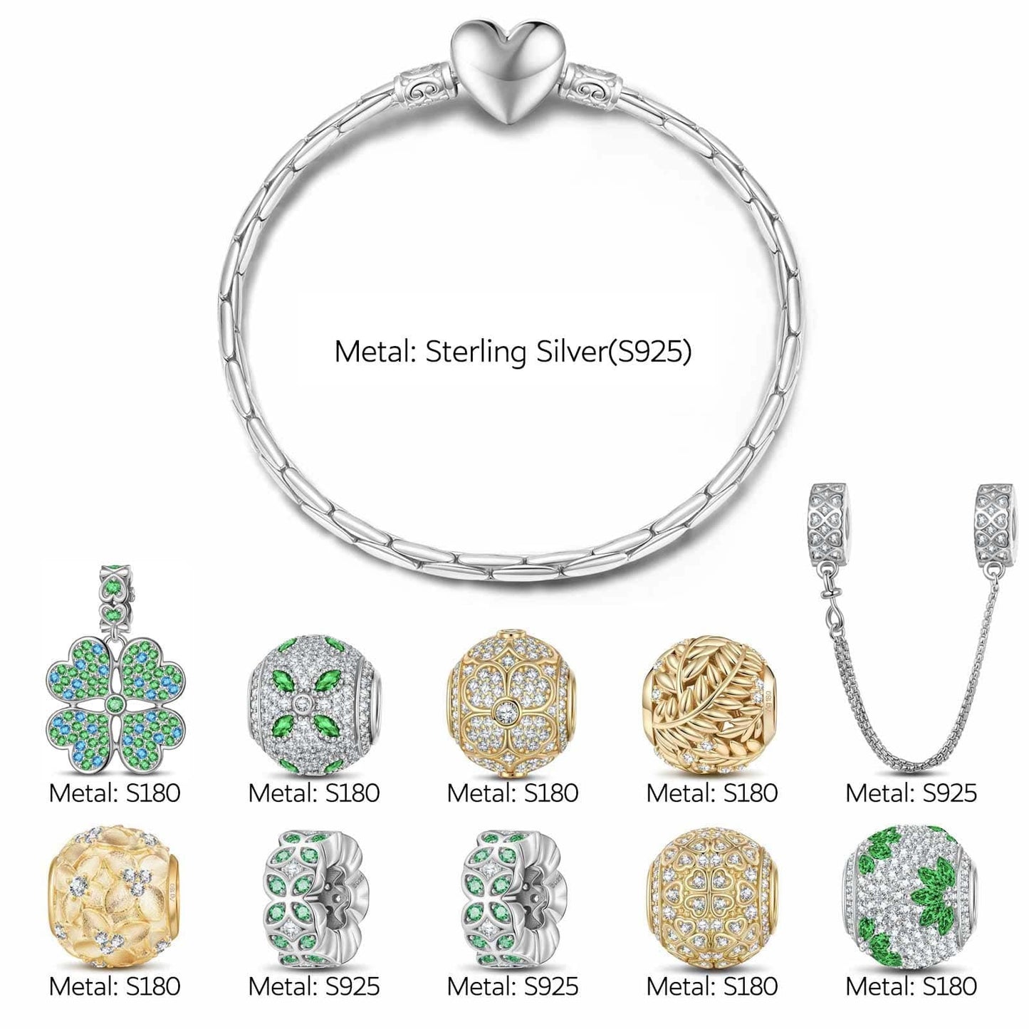 Sterling Silver Clover Cascade Charms Bracelet Set In White Gold Plated (Includes bracelet and all charms shown)